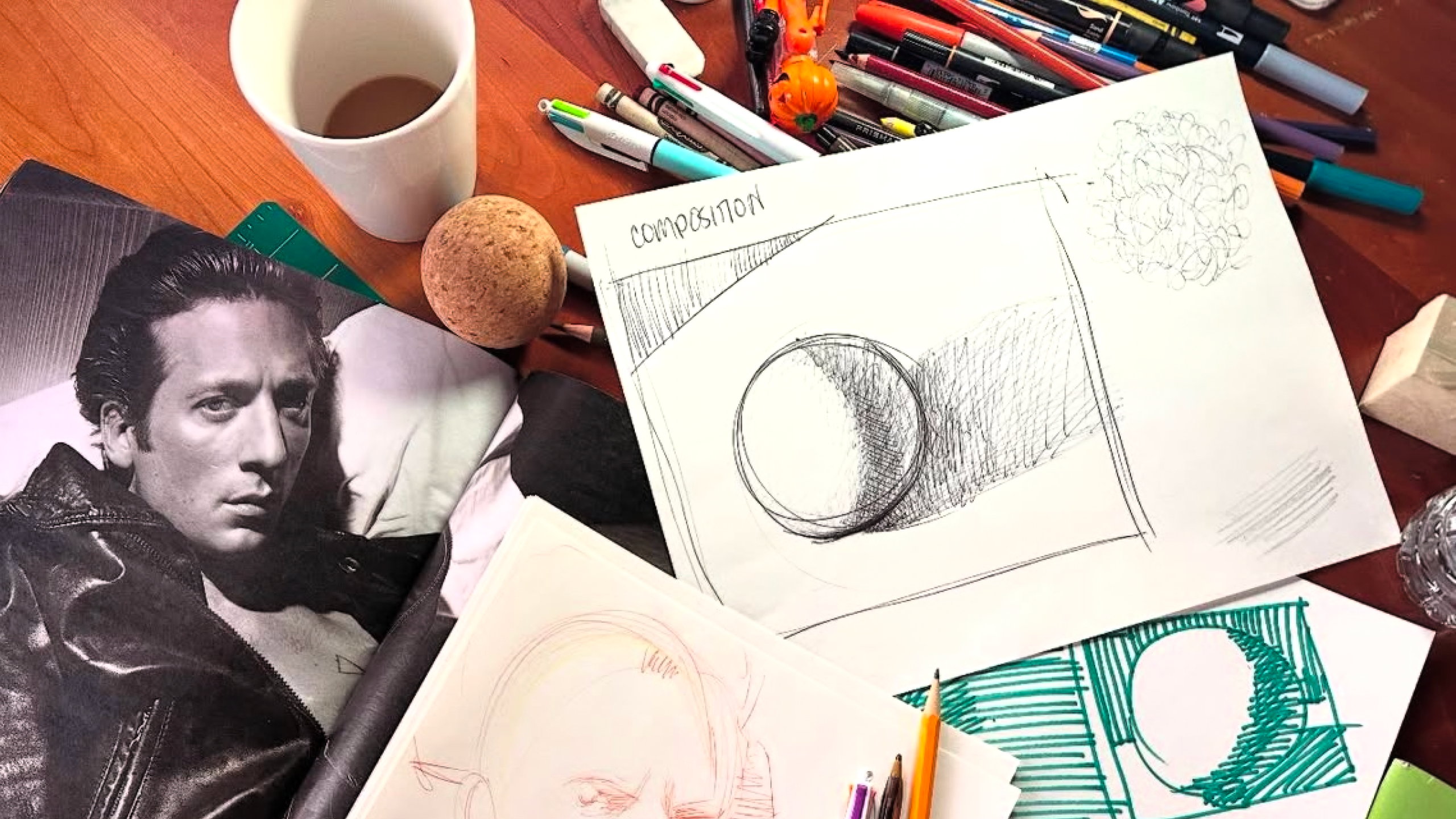 Desk full of sketches and art supplies